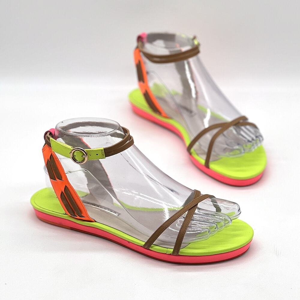 SOPHIA WEBSTER Flat Sandal Womens 38.5 Neon Pink Yellow Leather Ankle Strap NEW